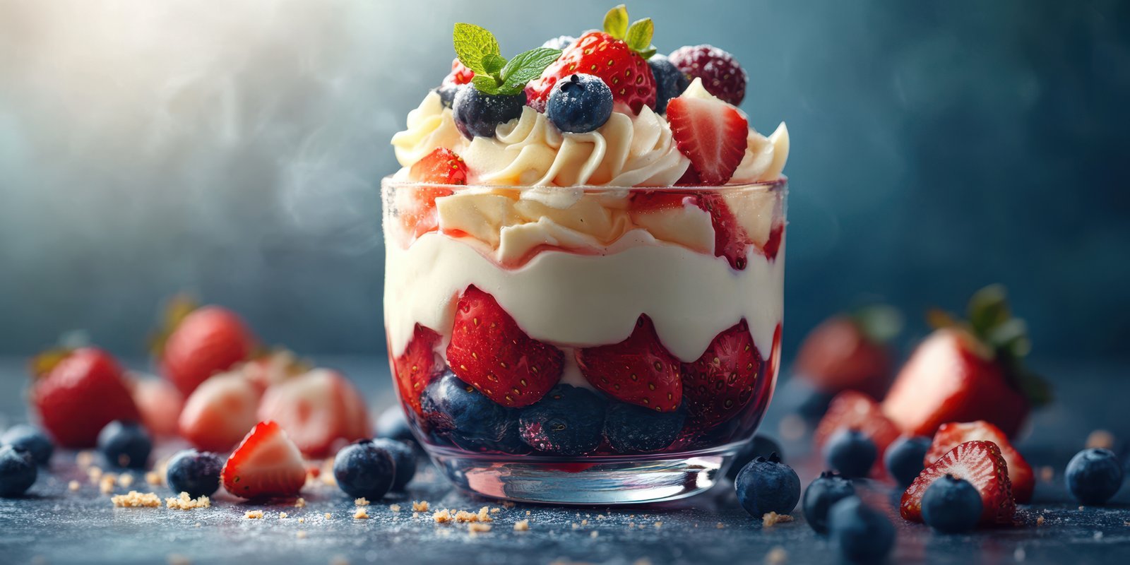 Delightful dessert featuring layers of cream, strawberries, and blueberries showcased on a marble surface
